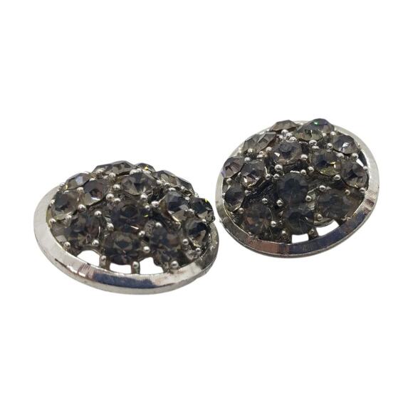 Vintage Earrings Smokey Topaz Rhinestone Domed Cluster Silver Tone Clip On - Picture 3 of 9